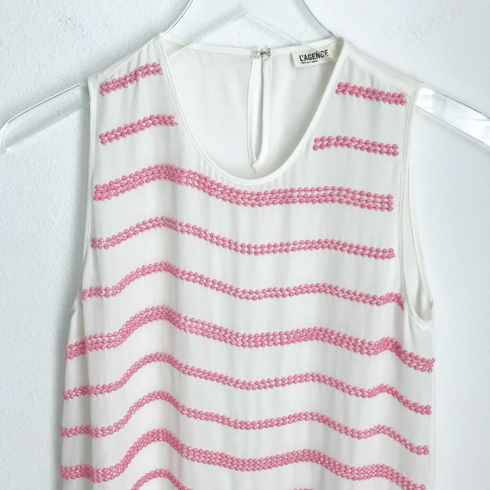 L' Agence Silk Beaded Sleeveless Sheer Tank Top Size 0 Ivory Pink Round Neck - Picture 3 of 10
